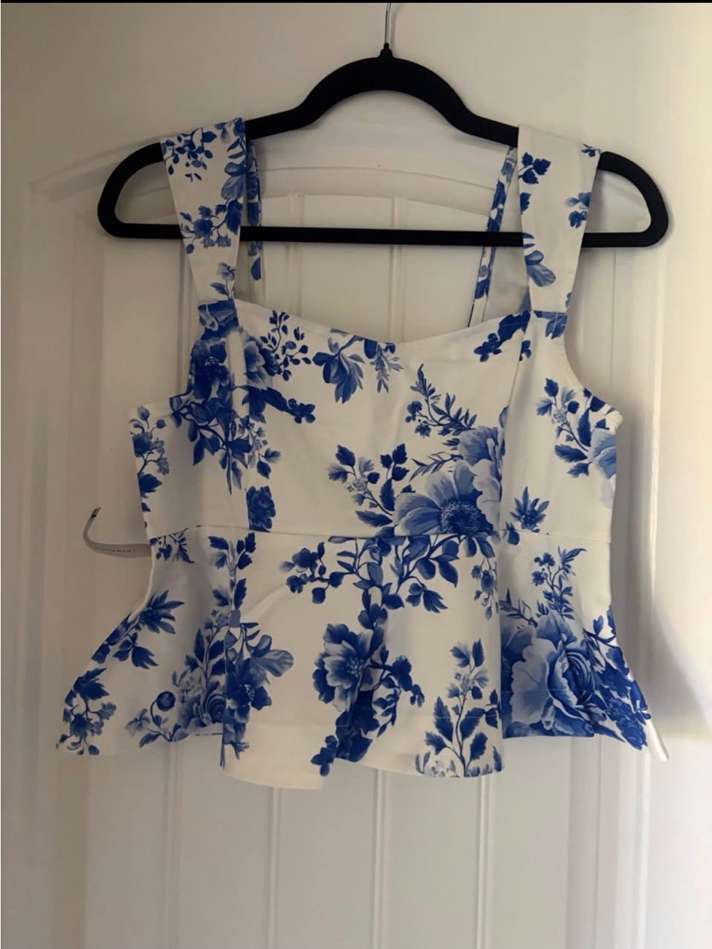 Anthropologie White & Blue Floral Peplum Tank Top